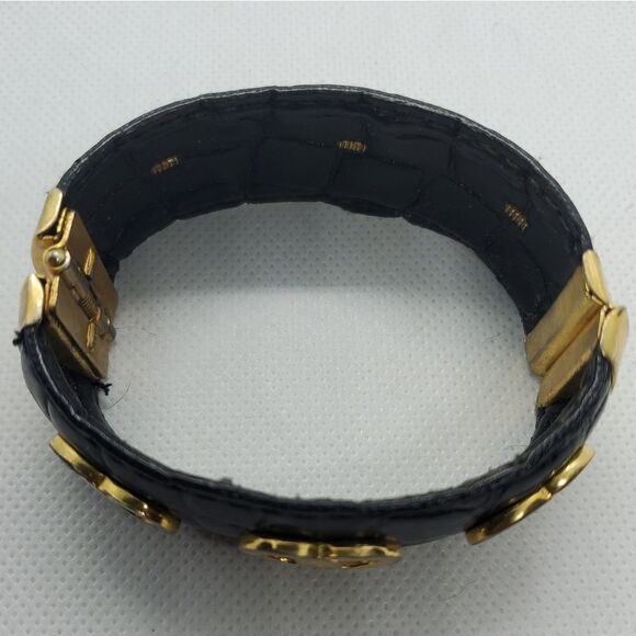 Vintage Black & Gold Tone Snakeskin & Interlocked Ring Design Bracelet - Picture 4 of 4